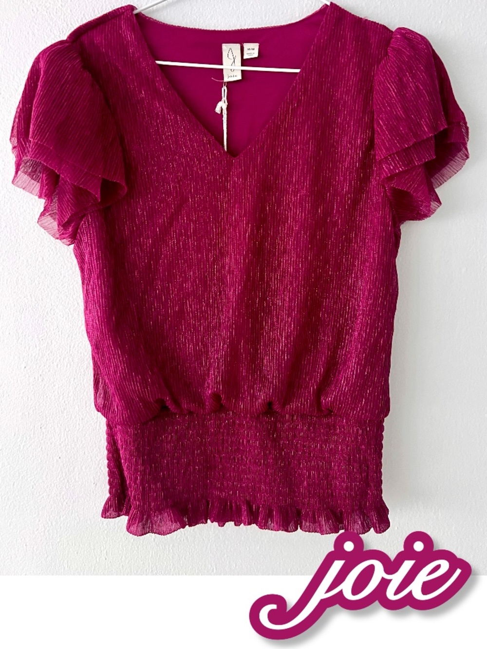 NWT JOIE WOMEN'S SHORT RUFFLE SLEEVE METALIC MAGENTA BLOUSE